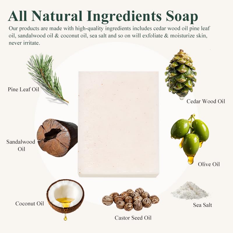 yoniagood 3-Pack Cedarwood Pine Soap Bars - Natural Sandalwood Moisturizing, Gentle Exfoliating All-in-One for Face, Body & Shave, Men Women
