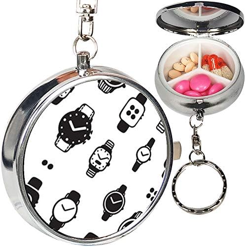 Portable Metal Pill Organizer Keychain Case Stash Box with 3 Compartments for Medicine Vitamin (Watches)