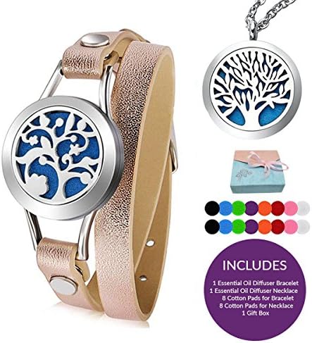 Aromatherapy Essential Oil Diffuser Necklace and Bracelet Set - Includes 16 Washable Pads - Tree of Life by Ellega