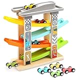 Aitey Toddler Car Toys for 1 2 Year Old, 4 Mini Cars Wooden Race Track Car Ramp Racer Game for Boy and Girl Gifts