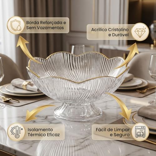 Fruteira de Mesa em Acrilico Transparente com Detalhes Dourados Design Sofisticado em Formato de Flor Resistente e Fácil Limpeza