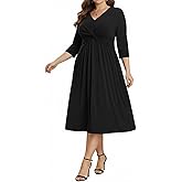 Talisea Plus Size Dress for Women Twist Knot V Neck 3/4 Sleeves A Line Wedding Guest Midi Dresses