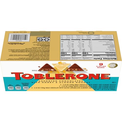 TOBLERONE ASSORTED CHOCOLATE BARS VARIETY PACK (MILK, WHITE, & SALTED CARAMELIZED ALMONDS), BULK CHOCOLATE, 1 GIFT BOX (9 BARS)