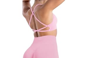 Jetjoy Seamless Sports Bra for Women Workout Criss Cross Back Backless Tops Padded Open Back Strappy Gym Bra Yoga Top Pink