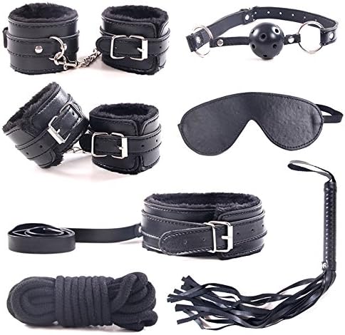 Yersery 7 PCS Bed Restraints Kit Adjustable Fur Leather Wrist Ankle Cuffs Toys,Black,ONE Size
