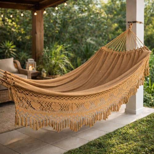 Rede de Dormir Casal Artesanal Luxo 4,5m em Algodão – Rede Descanso Reforçada para Quarto, Varanda, Jardim e Área de Lazer até 350kg(CARAMELO COM PRETO)