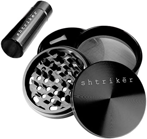 Shtriker Herb Grinder 2.5 Inch - Tobacco Spice Herb Grinder 4 Piece 2.5" with Pollen and Kief Catcher Including Portable Herbal Box (Black, Large Grinder)