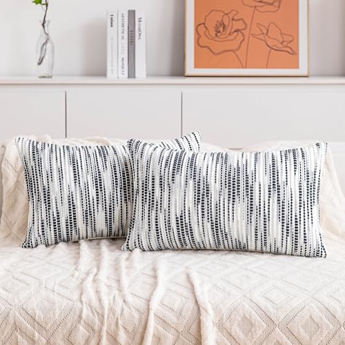 KOOLIFE Boho Lumbar Couch Throw Pillow Covers 12x20 Inch Set of 2 Black White Striped Decorative Pillow Cover Chenille Accent Pillowcase Farmhouse Cushion Covers for Home Decor Sofa Livingroom Bedroom