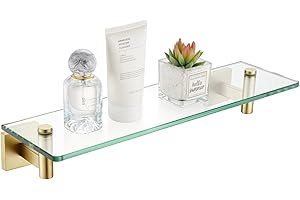 KOKOSIRI Wall Shelves Floating Shelf 16'' Stainless Steel Bathroom Hardware Tempered Glass Small Hanging Rack for Storage/Room Decor Gold B1105BG-L16