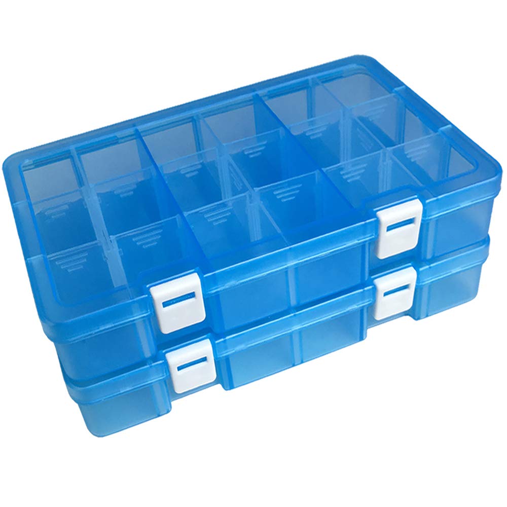 Qualsen Clear Organiser Storage Box, Small Storage Box with Lid, Fishing Tackle Boxs, Stackable Plastic Container with Adjustable Dividers for Beads, Crafts, Art DIY, Jewelry (18 Grids, Blue x 2)