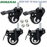 DICASAL 4 Pack 1.5 Inch Swivel Stem Casters, Non-Marking Polyurethane Wheels 330 Lbs with Diameter 3/8"- 16 x 1" Stem Thread and Nuts for Carts Trolley Furniture