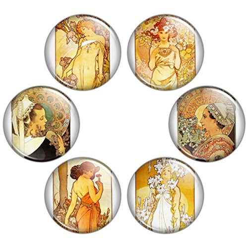 Button Bistro Women's Mucha Art Nouveau Artwork 1.25 inch Pinback Button Set #3