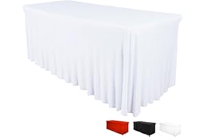 DESTINATION Table Skirt for Rectangular Tables 8ft - Wedding Spandex Table Covers for Standard 8 Foot Table - One Piece Fitted Stretchy Tablecloth - Wrinkle Resistant Ruffles Great for Party,Banquet (8 ft, White)