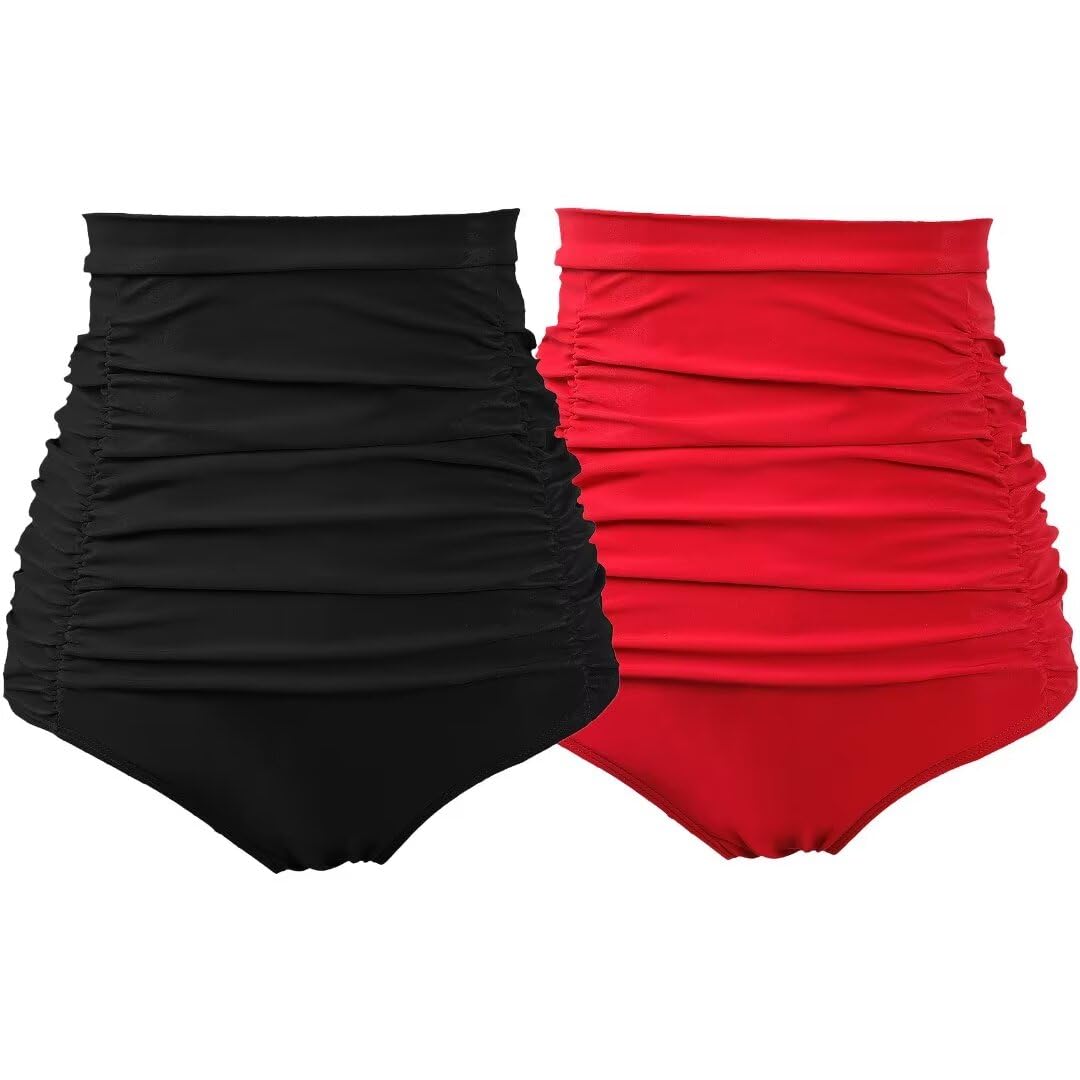 Photo 1 of COCOPEAR Women's Ruched High Waisted Bikini Bottom Retro Vintage Swim Short Tankinis (Pack of 2) Black+Red 2XL/14-16