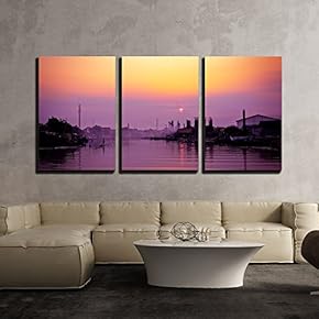 3 Piece Canvas Wall Art - Countryside Houses with a River in The Sunset - Modern Home Art Stretched and Framed Ready to Hang - 16"x24"x3 Panels
