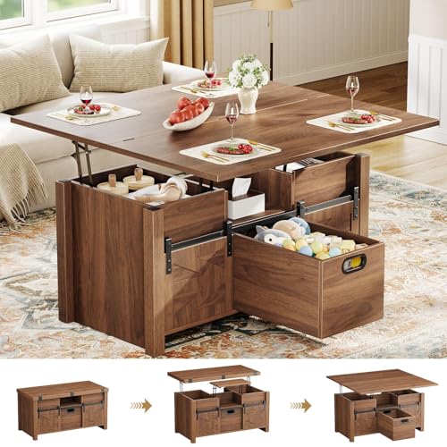 Memobarco 40" Farmhouse Lift Top Coffee Table with Storage Drawers,Walnut | 4