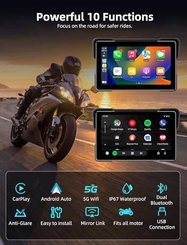 Jansite 7 Inch Carplay Moto with 2 Power Methods, Android Auto GPS Navigator with Waterproof Motorcycle Screen 2.5D IPS, Bluetooth Dual Siri/G-oogle Assistant