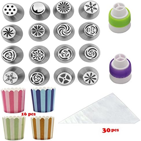 16 Sets Frosted Tips Russian Piping Tips Icing Nozzles, Cake Decorating Supplies, Coming with 16 Cupcake Cups and 30 Large Pastry Bags and Colors Couplers.
