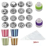 16 Sets Frosted Tips Russian Piping Tips Icing Nozzles, Cake Decorating Supplies, Coming with 16 Cupcake Cups and 30 Large Pastry Bags and Colors Couplers.