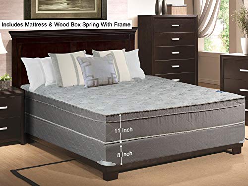 Continental Sleep, 11-Inch Meduim Plush Foam Encased Hybrid Eurotop Pillowtop Innerspring Mattress And Wood Traditional Box Spring/Foundation Set With Frame, Queen Size 79" x 59"
