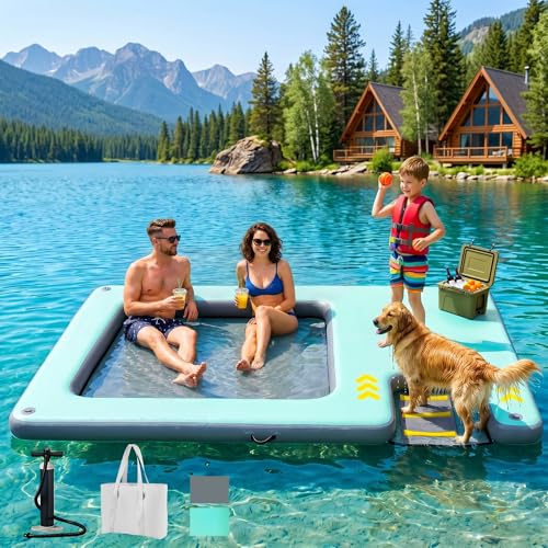 Inflatable Floating Dock with Dog Ramp, Large Floating Island Platform for Adults and Pets, Mesh Water Hammock with Non-Slip Steps, Heavy-Duty Floating Dock for Lake, Pool, River and Ocean