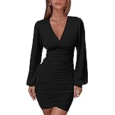 DAAWENXI Women's Sexy Bodycon Long Sleeve Deep V Neck Ruched Mini Party Dresses Black