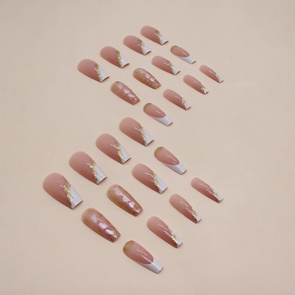 ANDGING French Tip Press on Nails White Short Medium Coffin Glue on Nails with Glitter Gold Leaf Design Gel Fake Nails for Wedding Birthday Acrylic False Nails Manicure Stick on Nail with Glue DK86S - Image 4