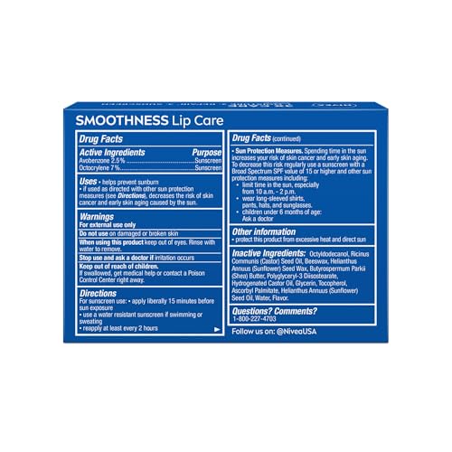 NIVEA SMOOTHNESS LIP CARE, SUNSCREEN LIP BALM WITH SPF 15 BROAD SPECTRUM, SHEA BUTTER, NOURISHING OILS AND VITAMIN C & E, 3-IN-1 MOISTURE, REPAIR AND SUNSCREEN, 0.17 OZ STICK, PACK OF 4