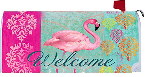 Flamingo Welcome - Mailbox Makover Cover - Vinyl witn Magnetic Strips for Steel Standard Rural Mailbox - Copyright, Licensed and Trademarked by Custom Decor Inc.