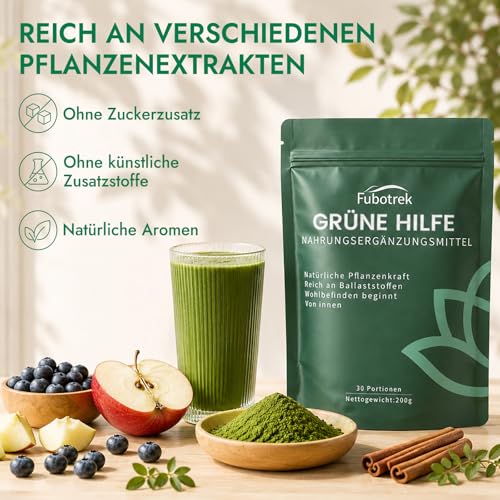 Green Detoxification Powder, 200 g Green Superfood Helper Powder, Vegan Greens Powder Helper Mix with Matcha, Barley Grass, Blueberries, Rich in Macronutrients, Micronutrients & Fibre