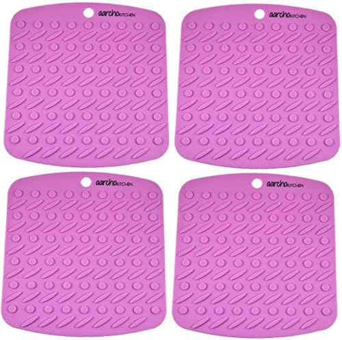 Set of (4) Aarcho Kitchen - Premium Flexible Silicone Pot Holders/Trivets, Durable, Non-slip Pads, Garlic Peelers, Spoon Rests, Multiple Uses (Purple)