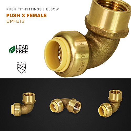 Pushlock UPFE34 Degree Elbow x Female Pipe Fittings Push to Connect Pex, CPVC, 3/4 Inch, Brass, 3/4", Brass & Copper