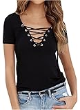 UGET Women's Sexy Plain Deep V Neck Lace Up Short Sleeve Blouse Top Asia M Black