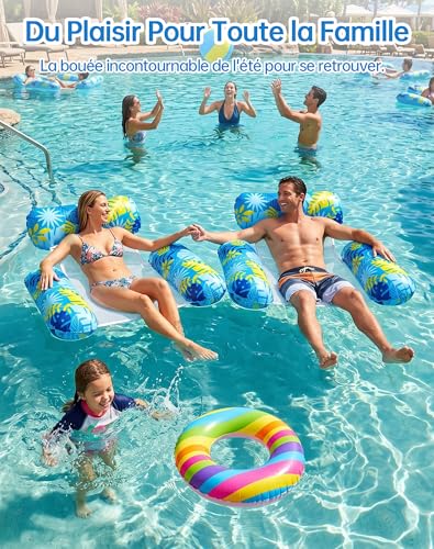 Wincany Bouee Piscine, Matelas Gonflable Piscine Epaisseur 21mm, Bouee Lounge Adulte 4-en-1 Hamac Flottant Filet, Siege d'eau Ergonomique Adulte Accessoire pour Plage Vacances