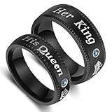 8mm/6mm Black Stainless Steel Her King His Queen Couples Wedding Band Promise Engagement Proposal Ring with Blue Cubic Zirconia (Priced Separate)