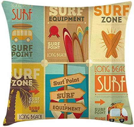 Surf Throw Pillow Cushion Cover, Retro Posters Collection Summer Vacation Theme Hobby Water Sports California Beach, Decorative Square Accent Pillow Case, 18 X 18 inches, Multicolor