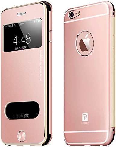 Broadcore Oatsbasf Luxury Aluminum Protective Shell Wallet for Apple iPhone 6 6S Plus 5.5 Inch Metal Flip View Display Window Tough Armor Bumper Covers Case (Rose Gold Color)