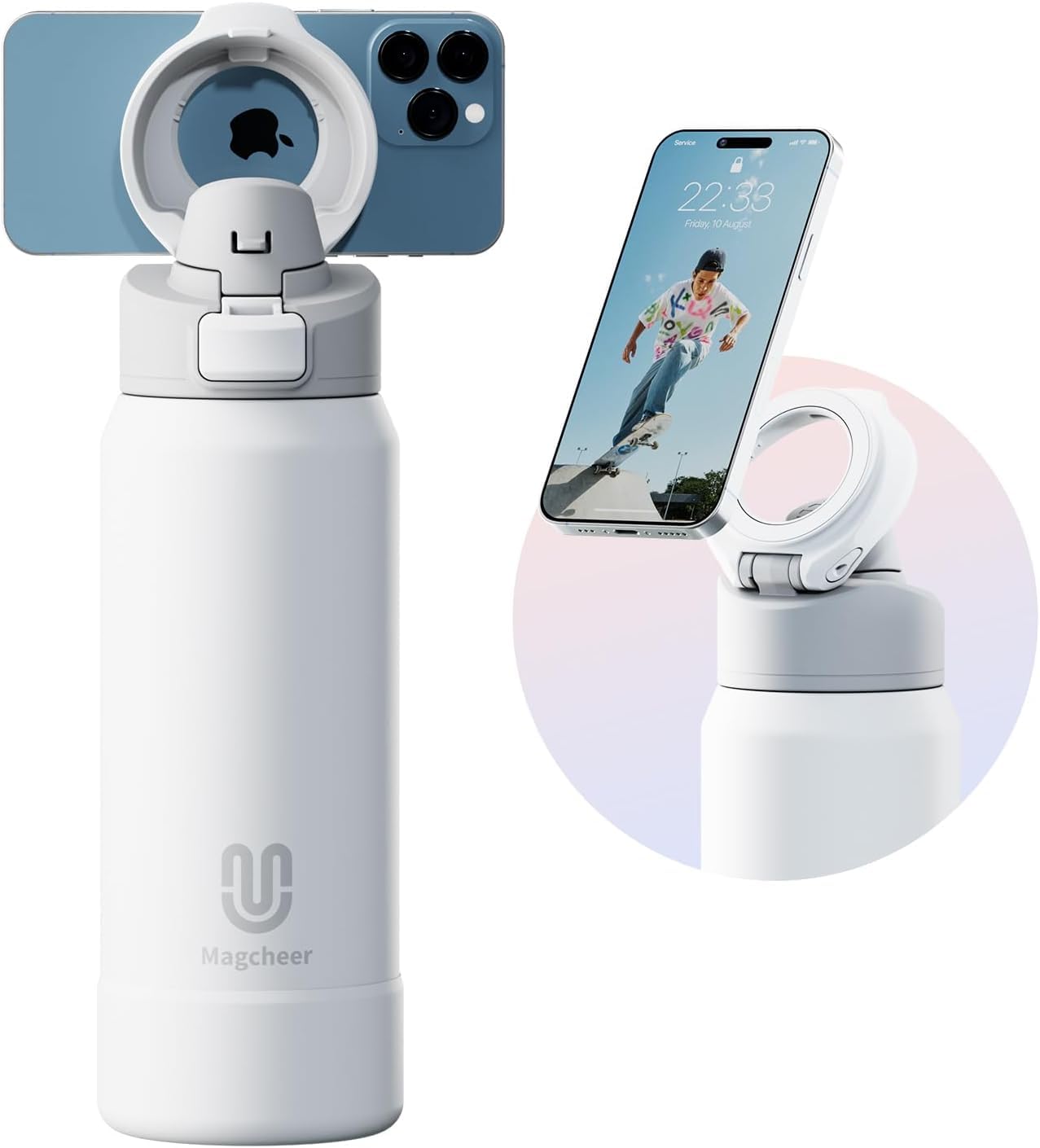 magcheer 1L Magnetic Water Bottle with Phone Holder Compatible with MagSafe Insulated Gym Cold Drink Bottle for 24 Hours Tripod Bottle for Travel & Fitness Selfie(White)