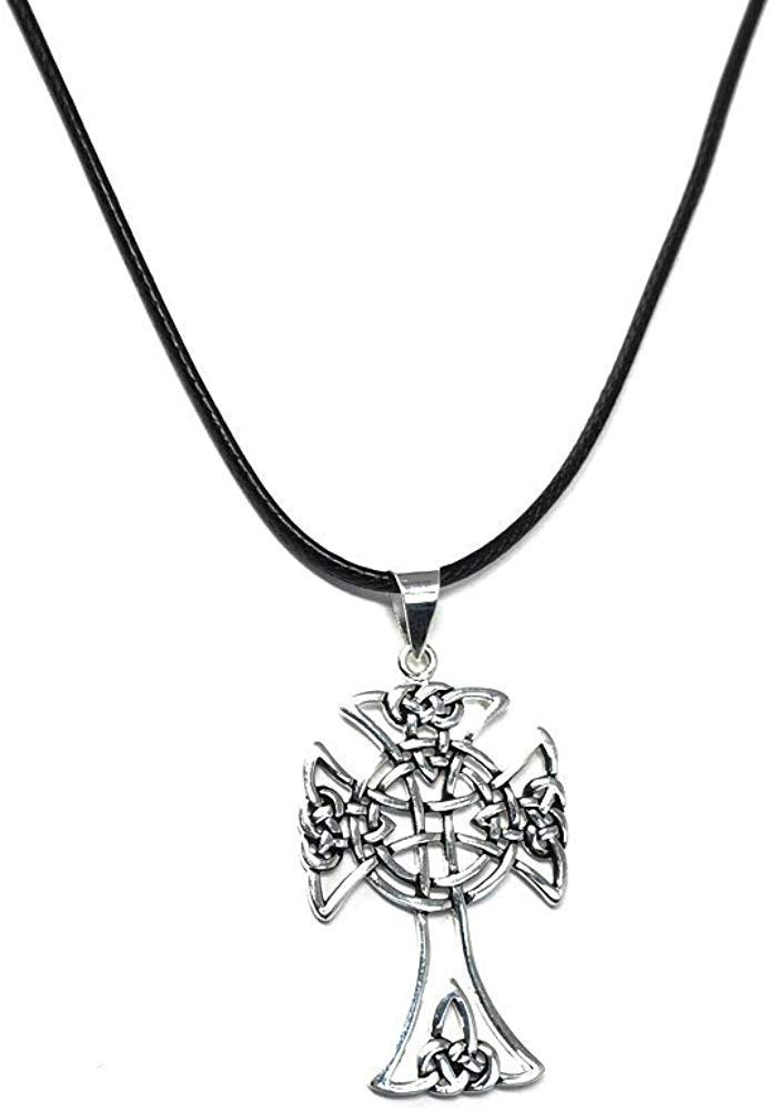 Strictly Gifts Unisex Open Celtic Knot Cross on 41-46 Leatherette Necklace - sterling silver
