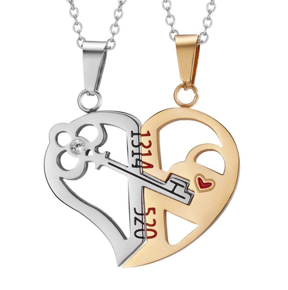 PAURO Women's Stainless Steel Love Heart Key CZ Puzzle Matching Pendant Necklace Jewellery Gifts Mens Couples Silver Gold