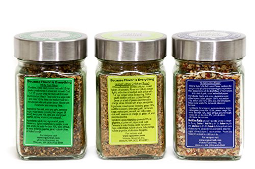 Lemon Love Collection - GINGER CITRUS, ZESTY LEMON, AND NO SALT LEMON PEPPER. For seasoning chicken, shrimp, fish, salads, and vegetables. VICTORIA TAYLOR'S BY VICTORIA GOURMET.