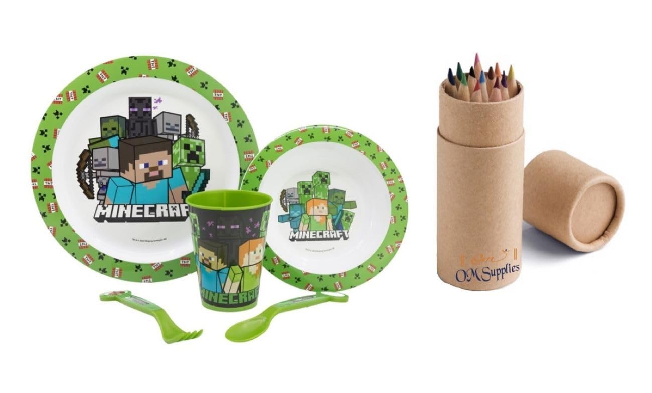 Cartoon Character Dinner Tableware Set 5pcs Plate, Bowl, Cup & Cutlery, BPA Free re-usable Plastic Microwave Safe Includes Half Size 12pcs Pencil Set (Mine)