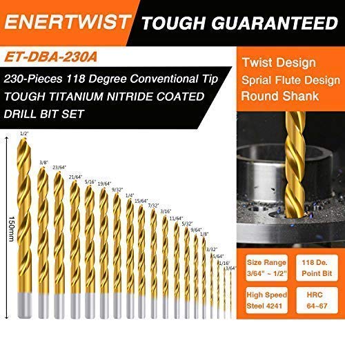 juego de brocas de titanio enertwist para metal y madera de 230 piezas - punta de 118 ° convencional hss revestida de 3/64 