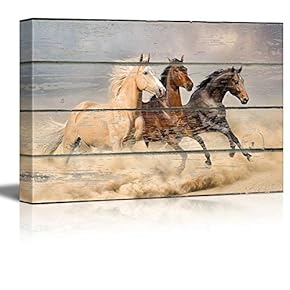 Galloping Horses on Vintage Wood Textured Background Rustic Country Style