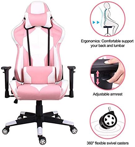 MHTNB Gaming Chair Pink Computer Chair Ergonomic Reclining PC Chair high Back Leather Office Chair, Adjustable armrests and Lumbar Support (Pink and White)