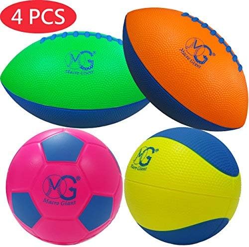 Macro Giant Foam Soft Colorful Sport Pack, Set of 4, 9 Inch Football x2, 6 Inch Soccer Ball x1, 6 Inch Basketball x1, Training Practice, School Playground, Kids Toy Gift, Birthday Gift