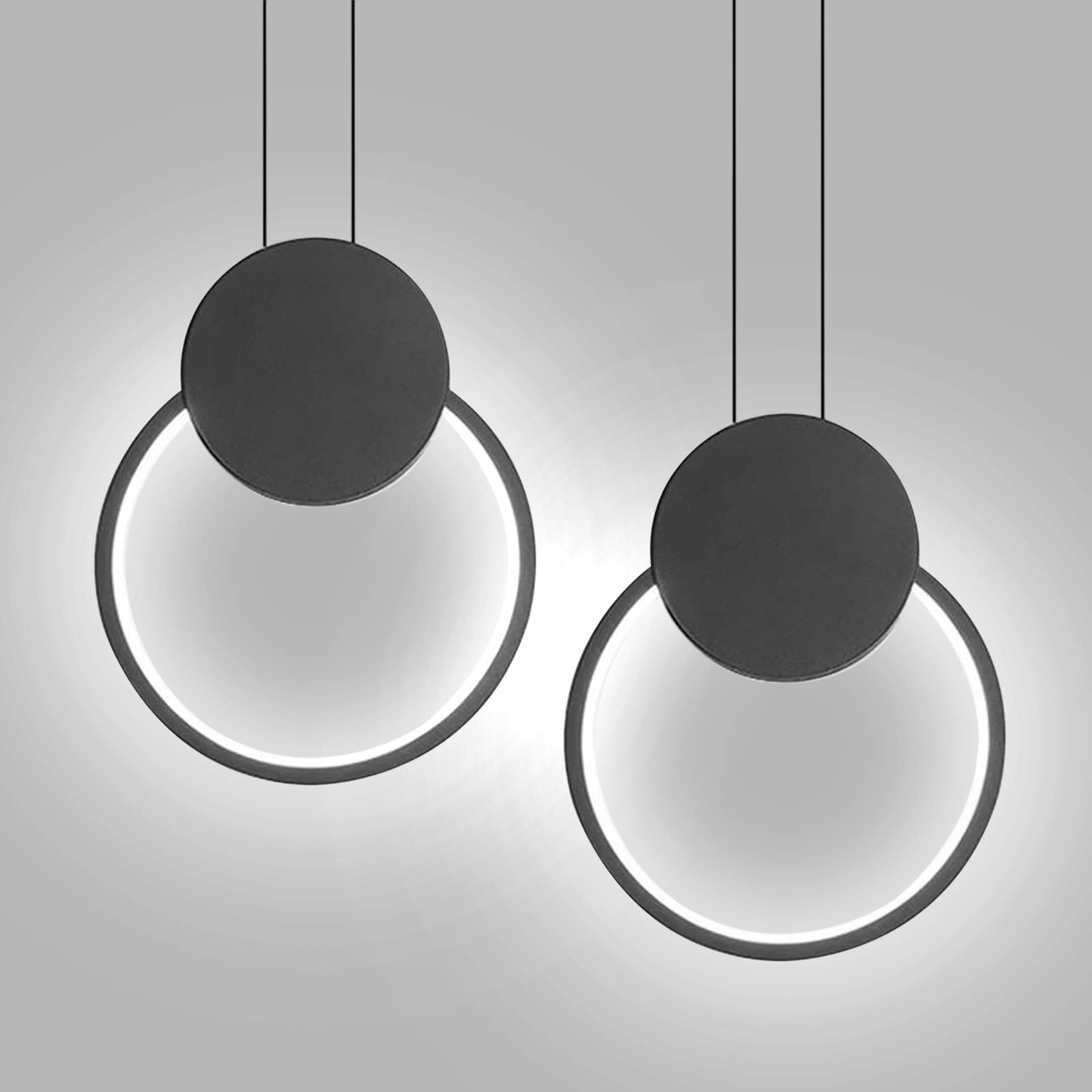 LIGKIN 2pcs LED chandelier round 11W pendant lamp, modern pendant lamp aluminum creative ceiling light for kitchen dining living room bedroom, black