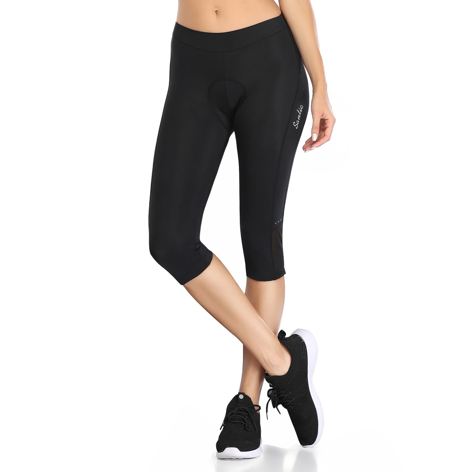 Santic Radlerhose Damen 3/4 Fahrradhose Gepolstert Radsportshorts Radhose Radsport-Leggings Tights Sitzpolster Elastische Schnell Trocknend Atmungsaktive Schwarz XXL