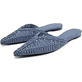 JANSEVEN Woven Flats Raffia Mules for Women Pointed Closed Toe Casual Slides Slip On Comfortable Dress Shoes