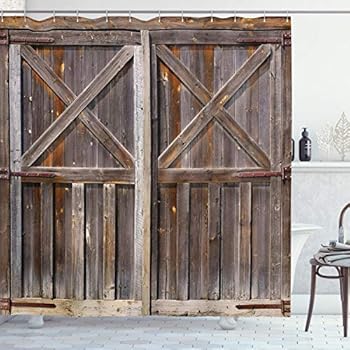 Ambesonne Rustic Shower Curtain, Old Wooden Barn Door of Farmhouse Oak Countryside Village Board Rural Life Photo Print, Cloth Fabric Bathroom Decor Set with Hooks, 84